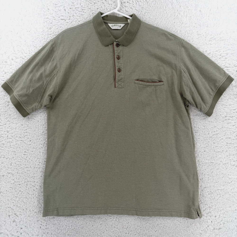 Orvis Polo Shirt Mens Large Green Pima Cotton Knit Chest Pocket Casual Top